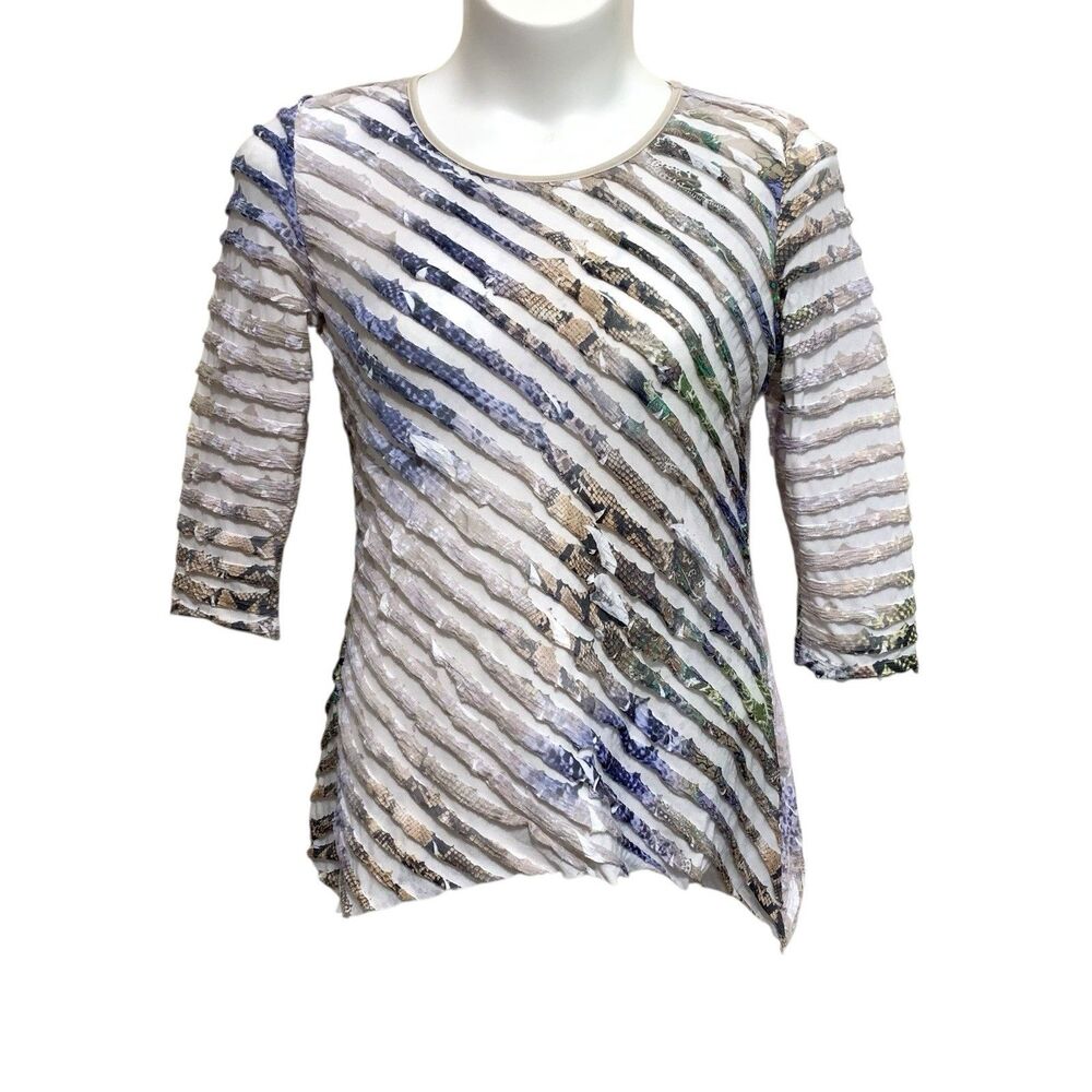 ELEMENTZ Blouse Womens Sz Large Multicolored 3/4 Sleeve Stretchy Layered Ruffle
